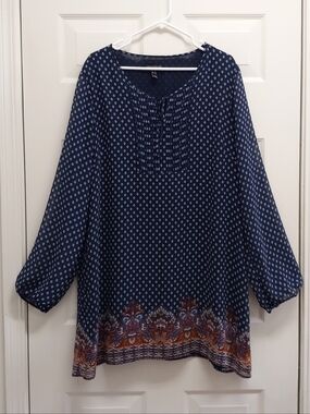 Long Tall Sally Boho Tunic Top Blue Size 16 Peasant Cottagecore Paisley Border